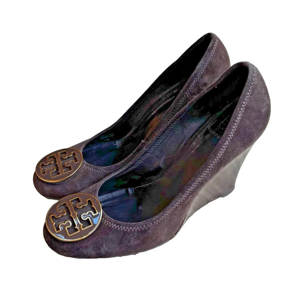 Tory Burch Brown Suede Pumps Wedge High Heels Round Logo Shoes Ladies US 9.5M
